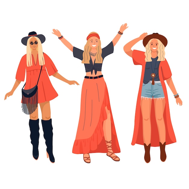 Vettore set di tre personaggi di giovani donne in abiti estivi. set di moda in stile boho-chic per giovani donne. outfit alla moda. illustrazione vettoriale