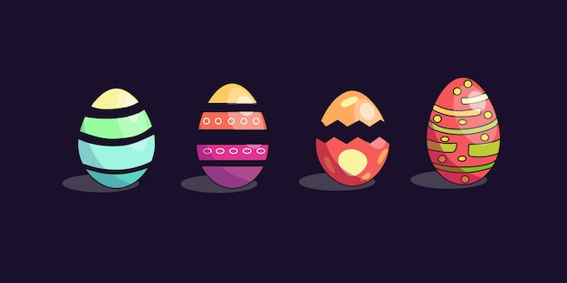 A set of threedimensional Easter decorated eggs on a dark background Vector illustration