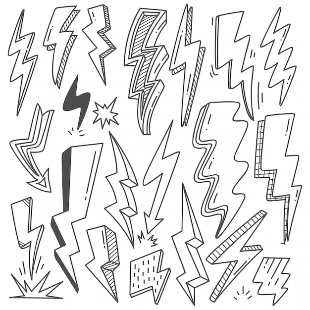 Vector set of thunder bolt in doodle style