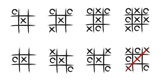 Vettore set di gioco tic - tac - toe. croce disegnata a mano e cerchio illustrazione piatta.