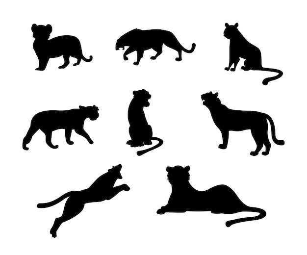 set of tiger flat isolated silhouettes