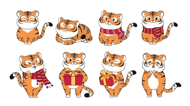 Set of tigers in various poses wild predator animals cartoon vector illustration