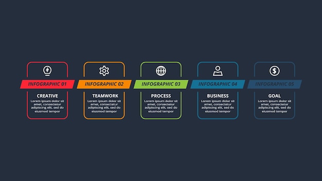 Set timeline dark infographics elements with 5 6 7 11 options template for web on a black background