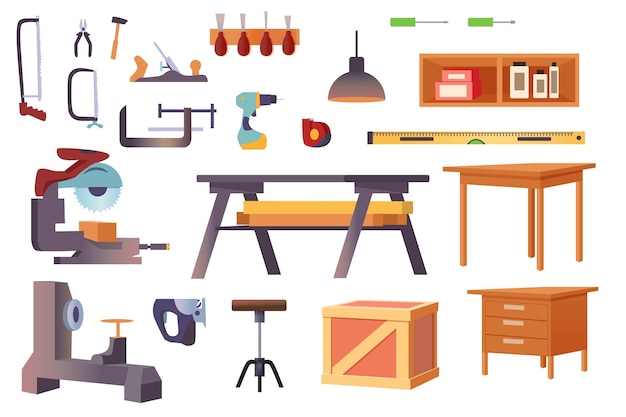 Vector set timmerwerkgereedschap in platte cartoonontwerp deze illustratie toont timmerwerk gereedschap en apparatuur