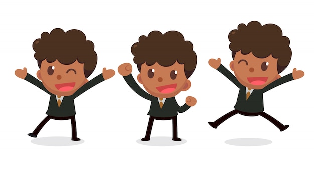 Vector set of tiny businessman character in actions. glad and happy.