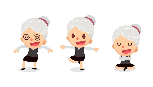 Set of tiny businesswoman character in actions. A woman with gray hair. Numbness.