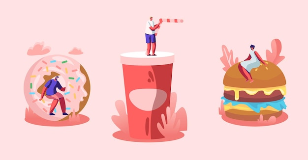 Vettore set di piccoli personaggi maschili e femminili che interagiscono con un fastfood. hamburger enorme con senape, ciambella e bevanda gassata. cartoon illustrazione piatta