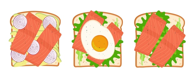 Vector set of toasts with avocado fish eggs and lettuce