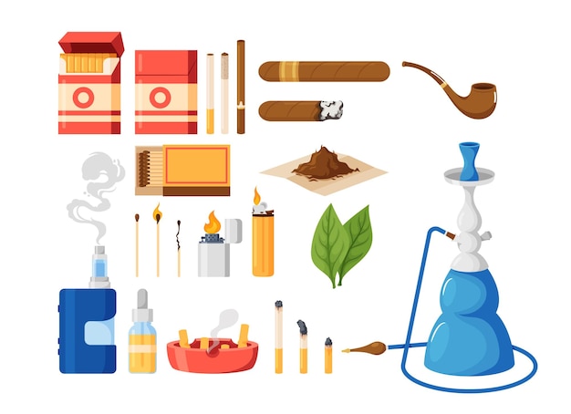 Vector set of tobacco or nicotine products and smoking items cigarette package ashtray cigar hookah and tobacco leaves