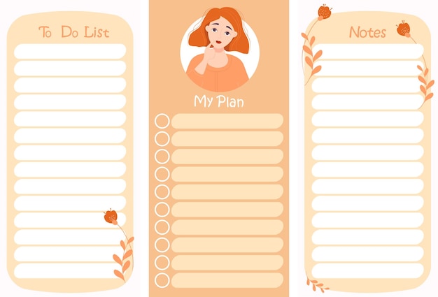 Vector set of todo list and notes and plans organizer planner with cute girl note paper day and planning