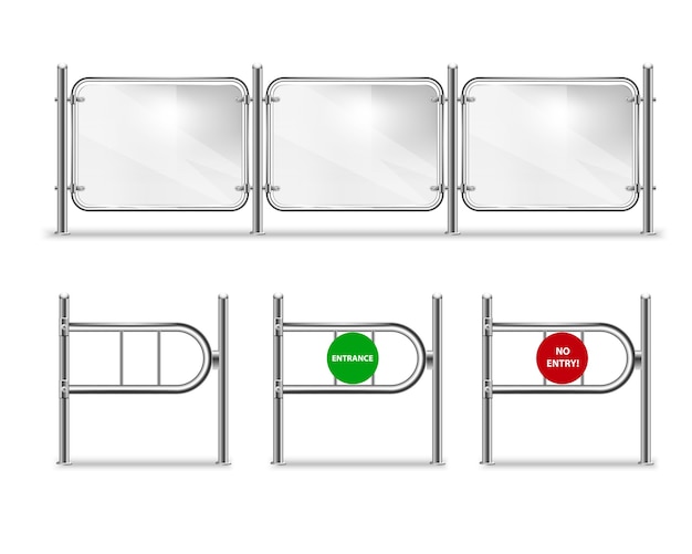 set toegangspoort met groene pijl en rood stopbord, tourniquets voor de winkel en glazen balustrade met metalen leuningen.
