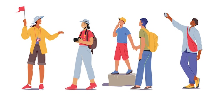 Vector set toeristen groepsexcursie. jongeren met rugzakken en fotocamera's op reis. mannelijke en vrouwelijke personages met gids reizen in het buitenland geïsoleerd op een witte achtergrond. cartoon vectorillustratie