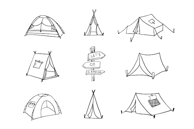 Vector set toeristische tenten voor kamperen in doodle stijlpicknick reisaccessoires en uitrustinghand getrokken