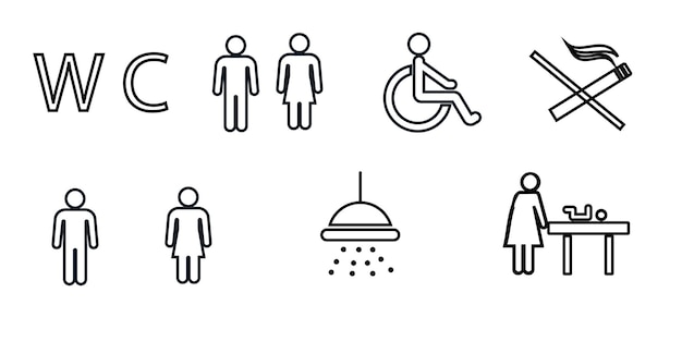 Vettore un set di icone di navigazione per servizi igienici wayfinding wc femmina maschio per disabili e stanza madre e bambino