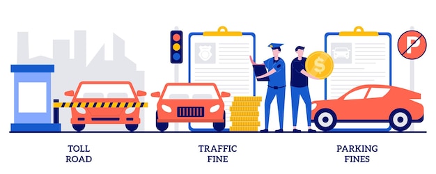 set of toll road, traffic and parking fine, driving rules violation, tollway fee