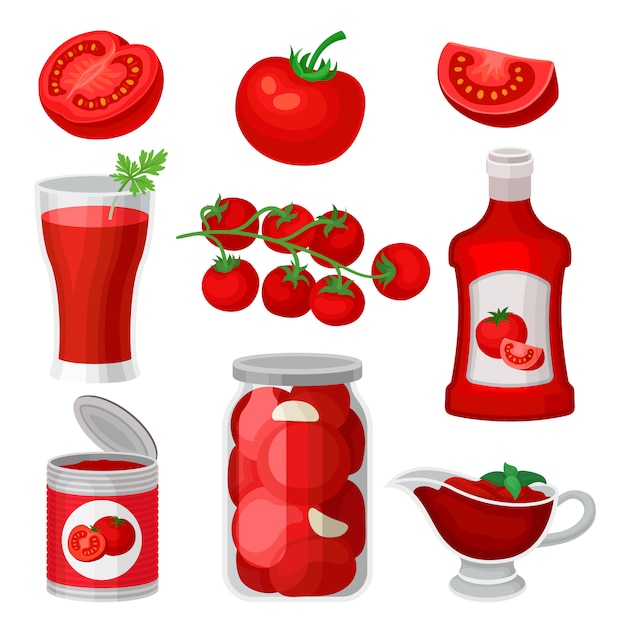 トマトの食べ物や飲み物のセット。健康ジュース、ケチャップ、ソース、缶詰。自然でおいしい製品