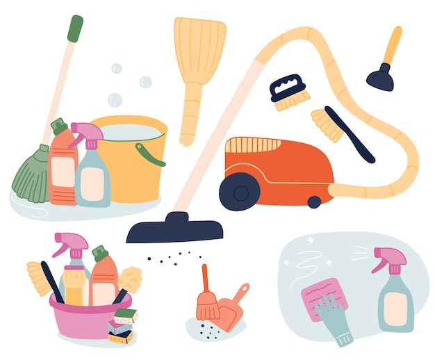 A set of tools for cleaning the house a vacuum cleaner a broom a plunger brushes a basin a bucket