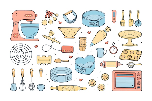 Un set di strumenti per fare torte, biscotti e pasticcini. doodle strumenti di pasticceria: impastatrice fissa planetaria, teglie e sac a poche. disegnato a mano