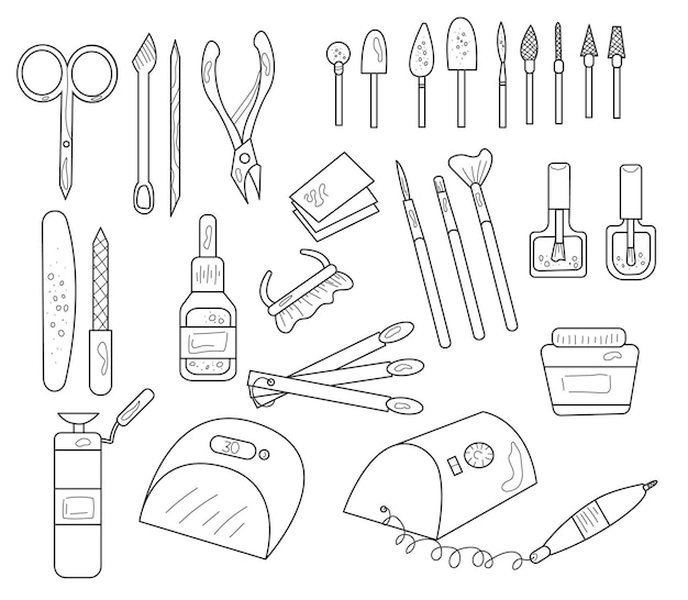 Set of tools for manicure, jars of nail polish, nail files,  milling cutter, trimmings, tongs, nail 