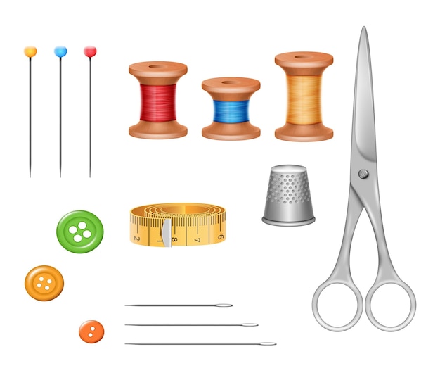 Vettore set di strumenti per la personalizzazione bottoni e ditale di forbici con ago per sgabello realistici