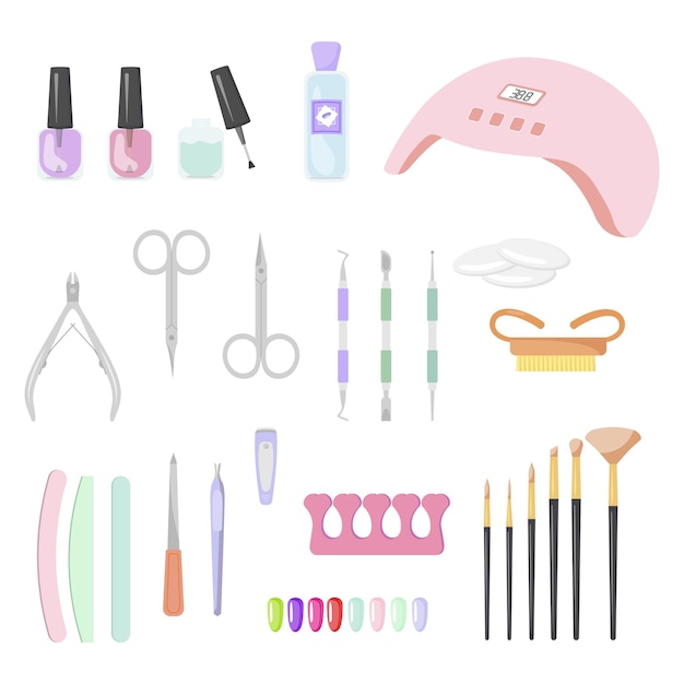 Set tools voor manicure Vernis schaar nagelvijl schraper draadsnijders Vector illustratie