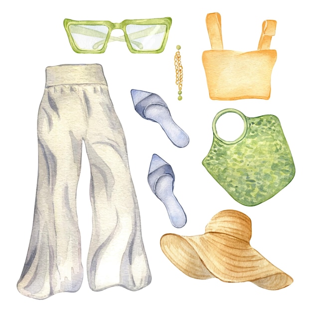 Vector set of top trousers glasses shoes and straw hat watercolor illustration isolated woman's outfit