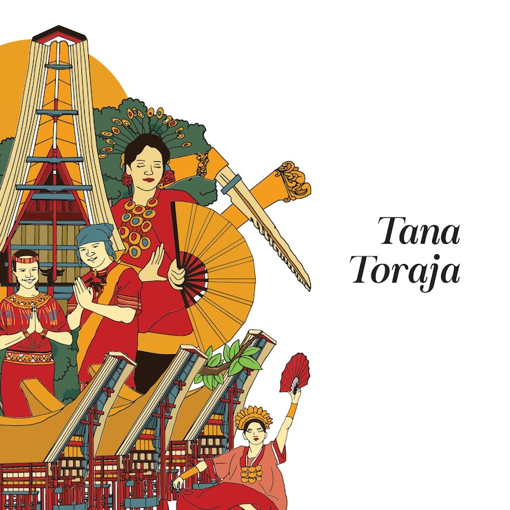 वेक्टर set torajan south sulawesi illustration. hand drawn indonesian cultures background