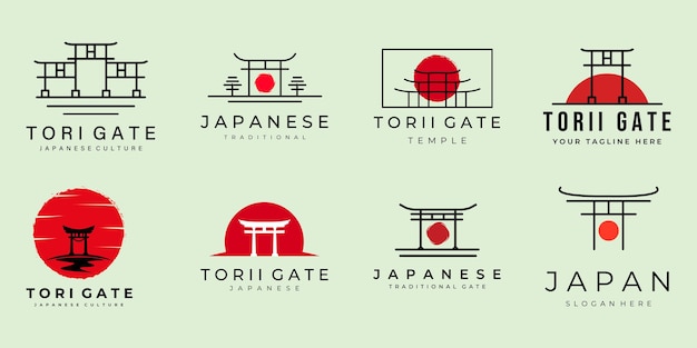 Set di torii gate logo vintage e line art illustrazione vettoriale modello icona design e badge