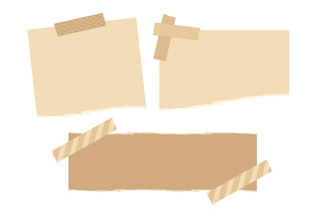 Set of torn kraft paper with decoration tapes Flat vector illustration