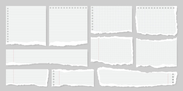 Set of torn or ripped notebook paper with line grid dot and margin