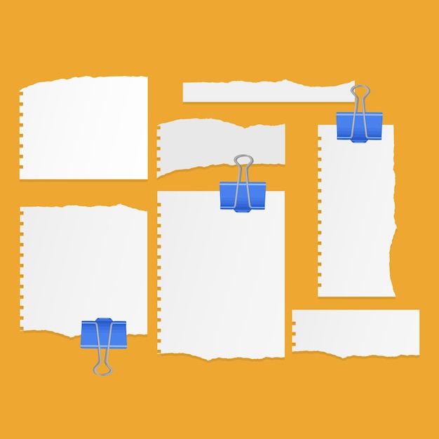 Set of torn ripped paper sheets of white color notebook paper on orange background