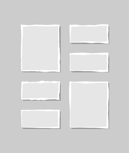 Набор порванной белой записки. Обрывки рваной бумаги различной формы, изолированные на сером фоне. Векторная иллюстрация.