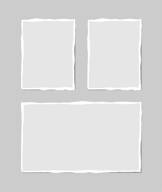 Vector set of torn white note. scraps of torn paper of various shapes isolated on gray background. vector illustration.