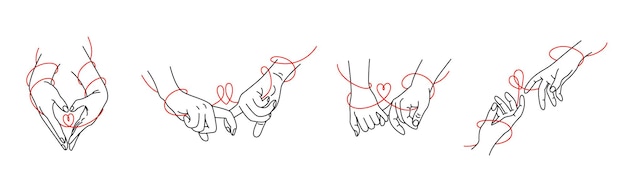 A set of touching hands and intertwined fingers drawn in black contour lines on a white background