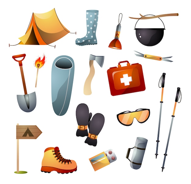 Vector set of tourist equipment or tools for hiking