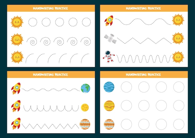 Vector set of tracing lines worksheets with space pictures. writing practice.