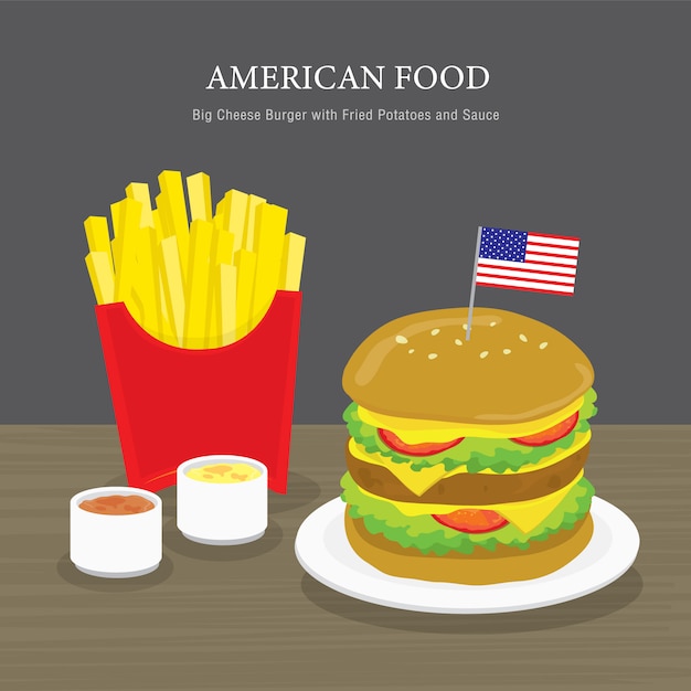 Vettore set di cibo americano tradizionale, big cheese burger con patate fritte e salsa. illustrazione di cartone animato