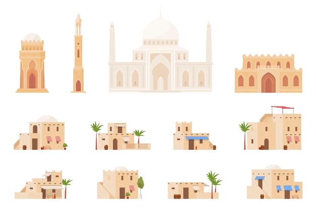 Set of traditional arabian buildings islamic architecture huts in hot arab lands vector illustration