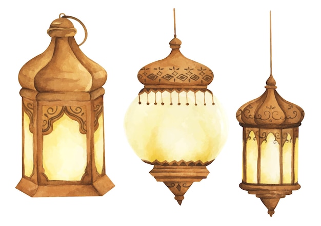 Set of traditional arabian lanterns watercolor illustration