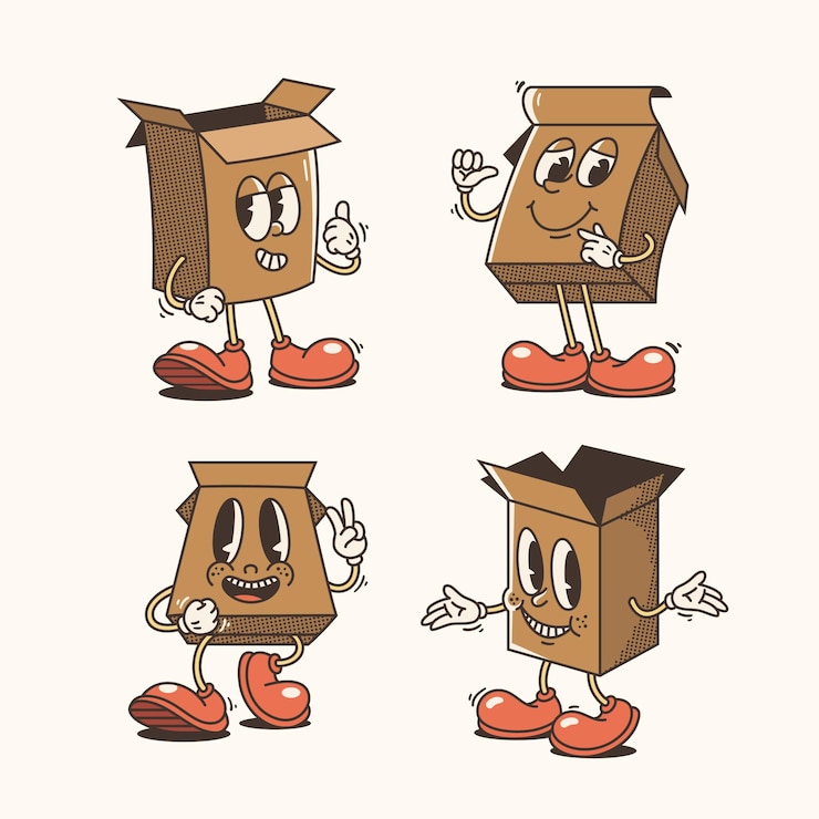 Vector set of traditional cartoon cardboard boxes illustration with varied poses and expressions