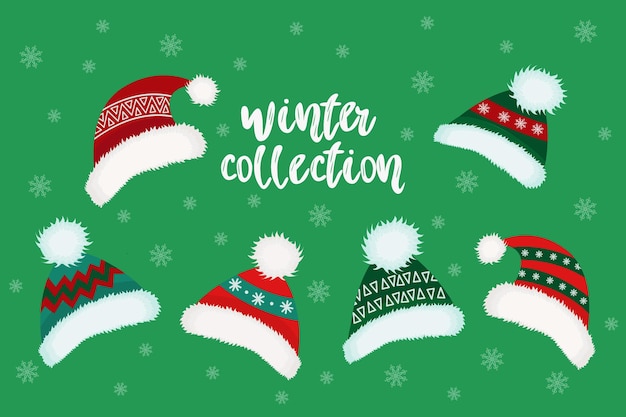 A set of traditional Christmas hats. Vector isolated illustration of hats for a Christmas party.