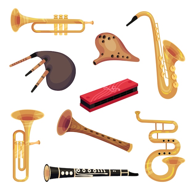 Set of traditional and classic perfume instruments. Bagpipe, pipe, saxophone, mouth organ.  illustration on white background.