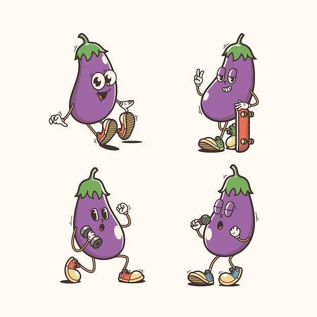 Set of traditional eggplant cartoon illustration with varied poses and expressions