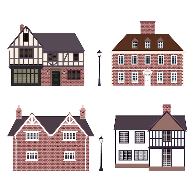 Set of traditional English houses and street lanterns.