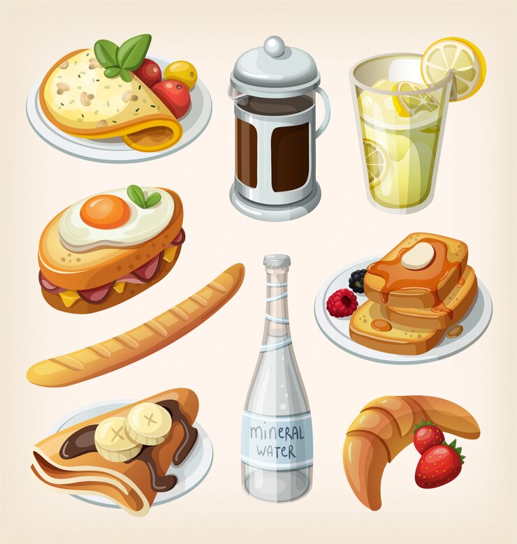 伝統的なフランスの朝食の要素と料理のセット。イラスト
