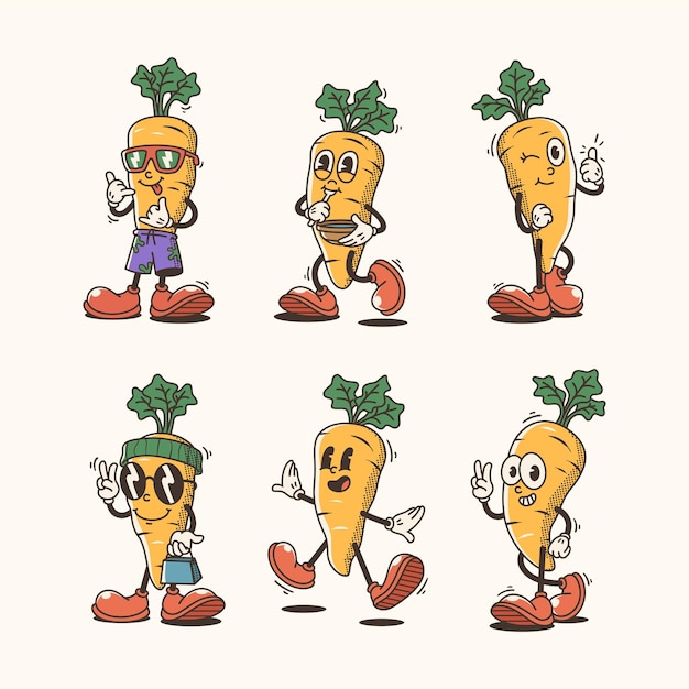 Set of Traditional Funny Carrot Cartoon Illustration with Varied Poses and Expressions