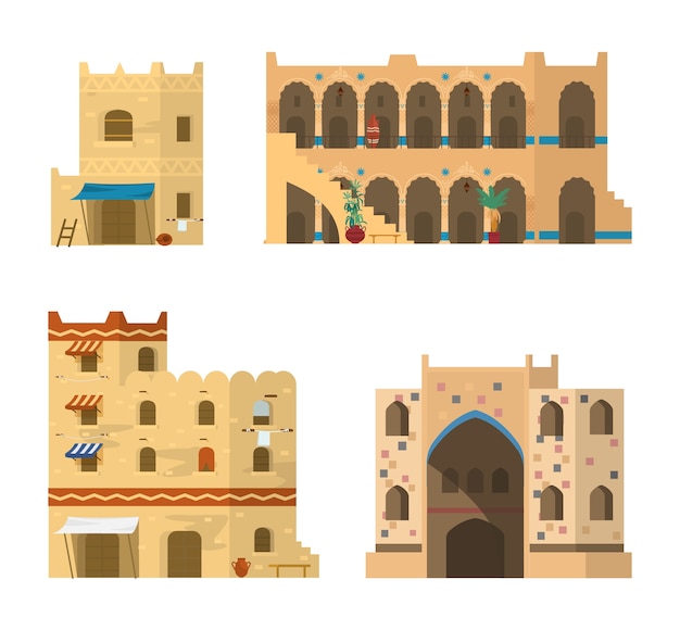 Vector set of traditional islamic architecture. mud brick buildings with mosaics, ornaments and awnings.   illustration.