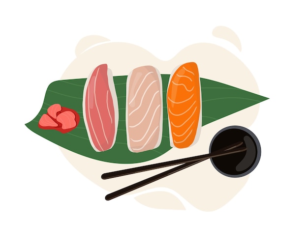 Set of traditional japanese dishes of rolls and sushi with seafood served on a palm leaf cartoon vector illustration hand drawing