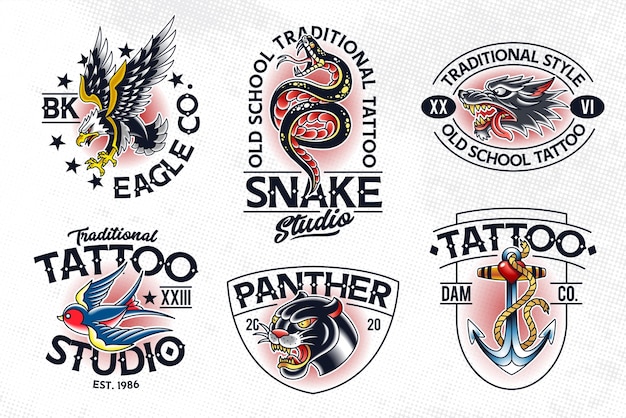 Set of traditional tattoo style emblems. Old school tattoo logo templates.