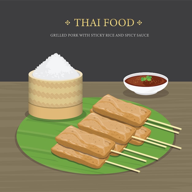 Set of Traditional Thai food, Grilled Pork with sticky rice and spicy sauce over banana leaf. Cartoon illustration.